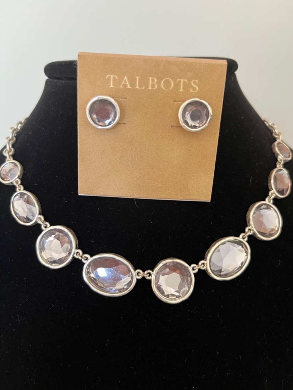 Talbots Silver-Tone Smoky Crystal Necklace with Stud Earrings